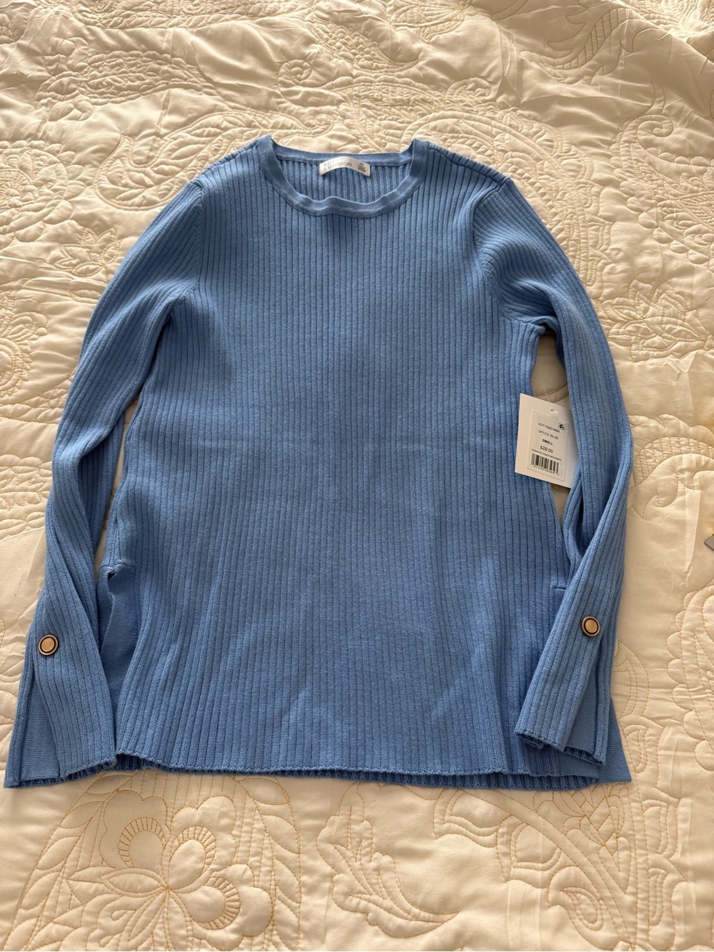 Ribbed Long-Sleeve Crewneck Top in Light Blue NWT